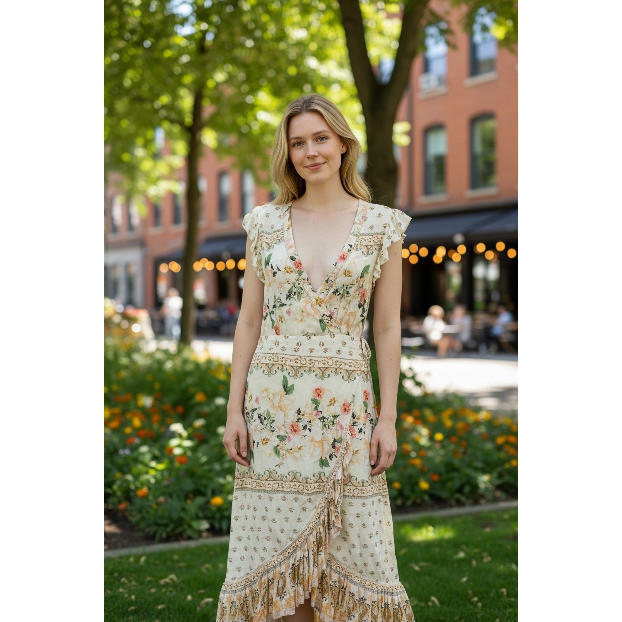 Farm Rio Anthropologie Floral Ruffle Trim Wrap Maxi Dress Bohemian Cottagecore
